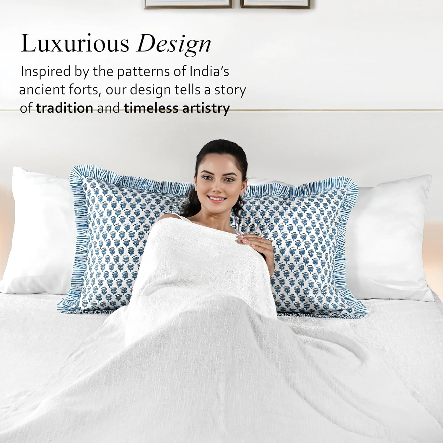 CPC Apatite Blue 100% Cotton Block Print Ruffle Sham Cover 20X36 inch Pack of 2, Handmade Boho Floral Pillowcase, Soft Decorative King Bed Pillow Cover for Bedroom Décor