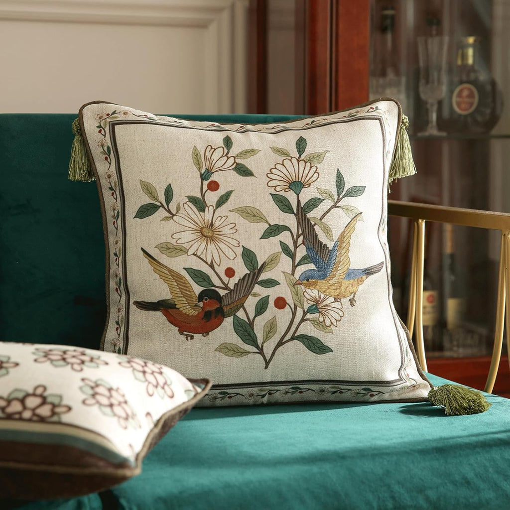 ISAENNE Design Square Bird Floral Linen Throw Pillow Covers 18"x18" Pack of 2, White Simple Elegant Daisy Pattern Cushion Covers Decor Pillowcases for Bed,Living Room,Outdoor,Car