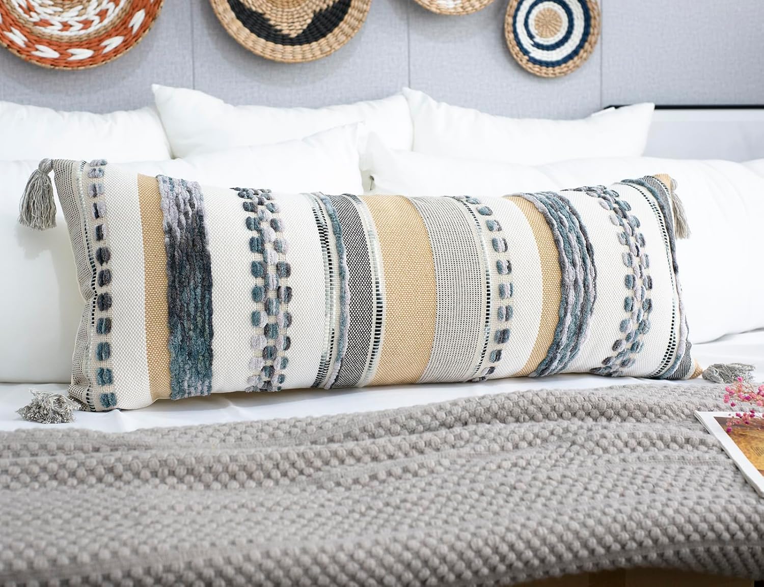 PANOD Boho Long Lumbar Throw Pillow Cover 14 x 36 Light Grey, Chenille Morocan Extra Long Pillow Case Cover, Decorative Long Pillow for Bed Couch Sofa Farmhouse