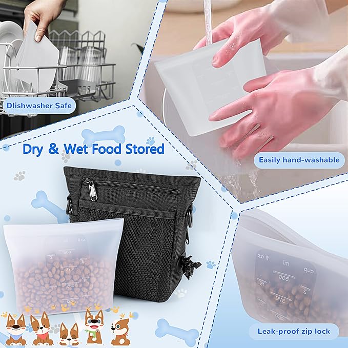Dog Treat Pouch with 2 Cup Silicone Bag, Dog Treat Pouches for Pet Training with Clicker, Adjustable Belt, Shoulder Strap, Poop bags roll, 3 ways wear, for outdoor walks, training, and travel