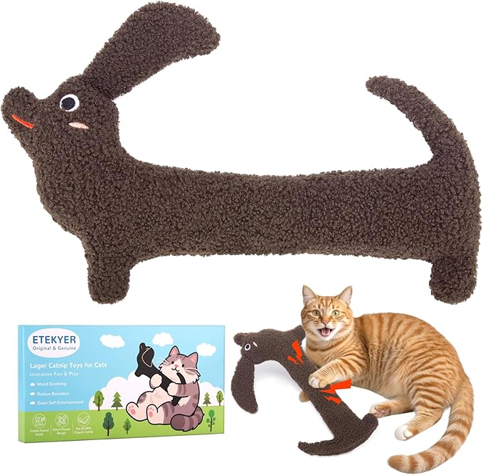 Cat Toy Kicker Pillow Large, Crinkle Sound Refillable Catnip Toy for Indoor Cats Kitten, Durable Plush Kitty Kicking Toy for Cat Chew Teeth Cleaning, Puppy Shape, Brown