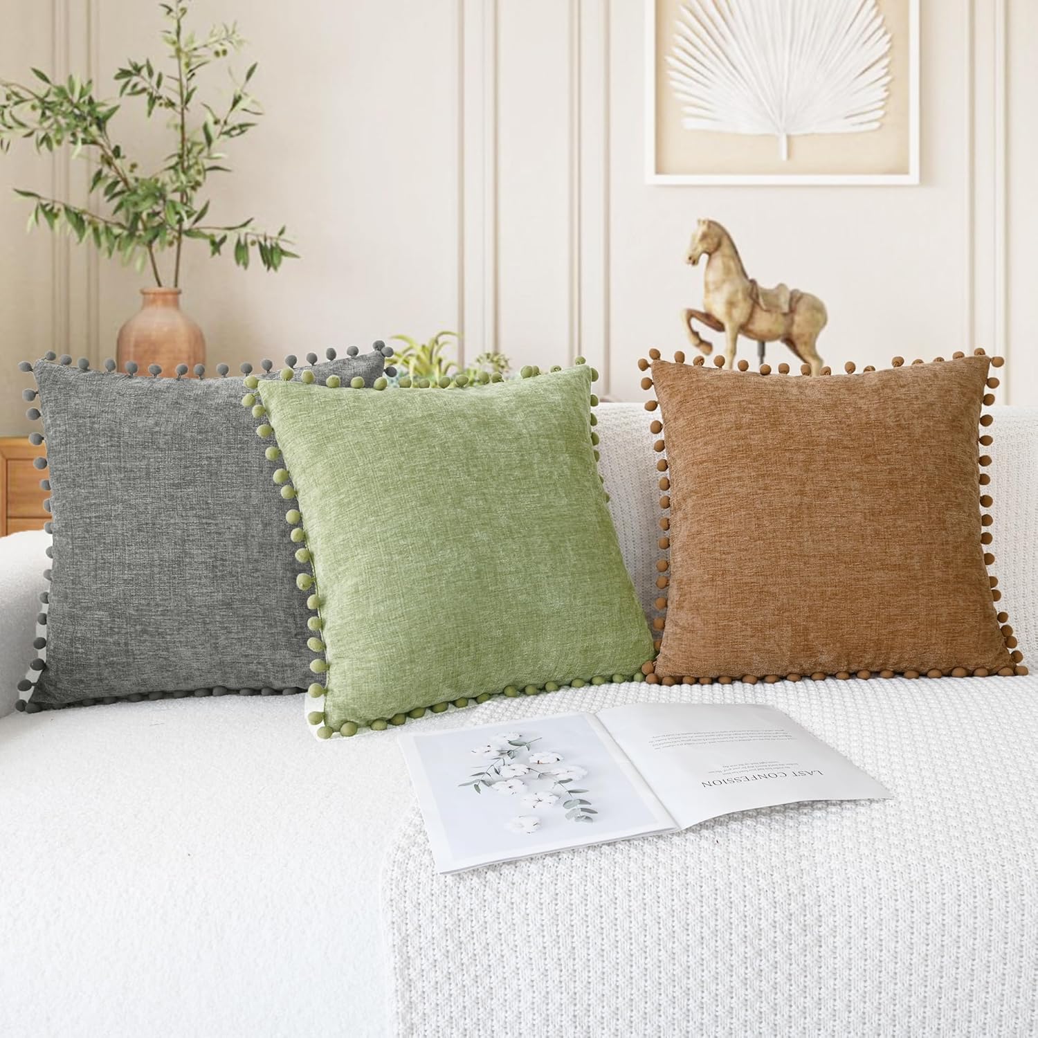 CaliTime Throw Pillow Covers Decorative 18 X 18 Inches Pack of 2 Cozy Solid Dyed Soft Chenille Cushion Cases with Pom Poms for Couch Sofa Bed Living Room Home Sage