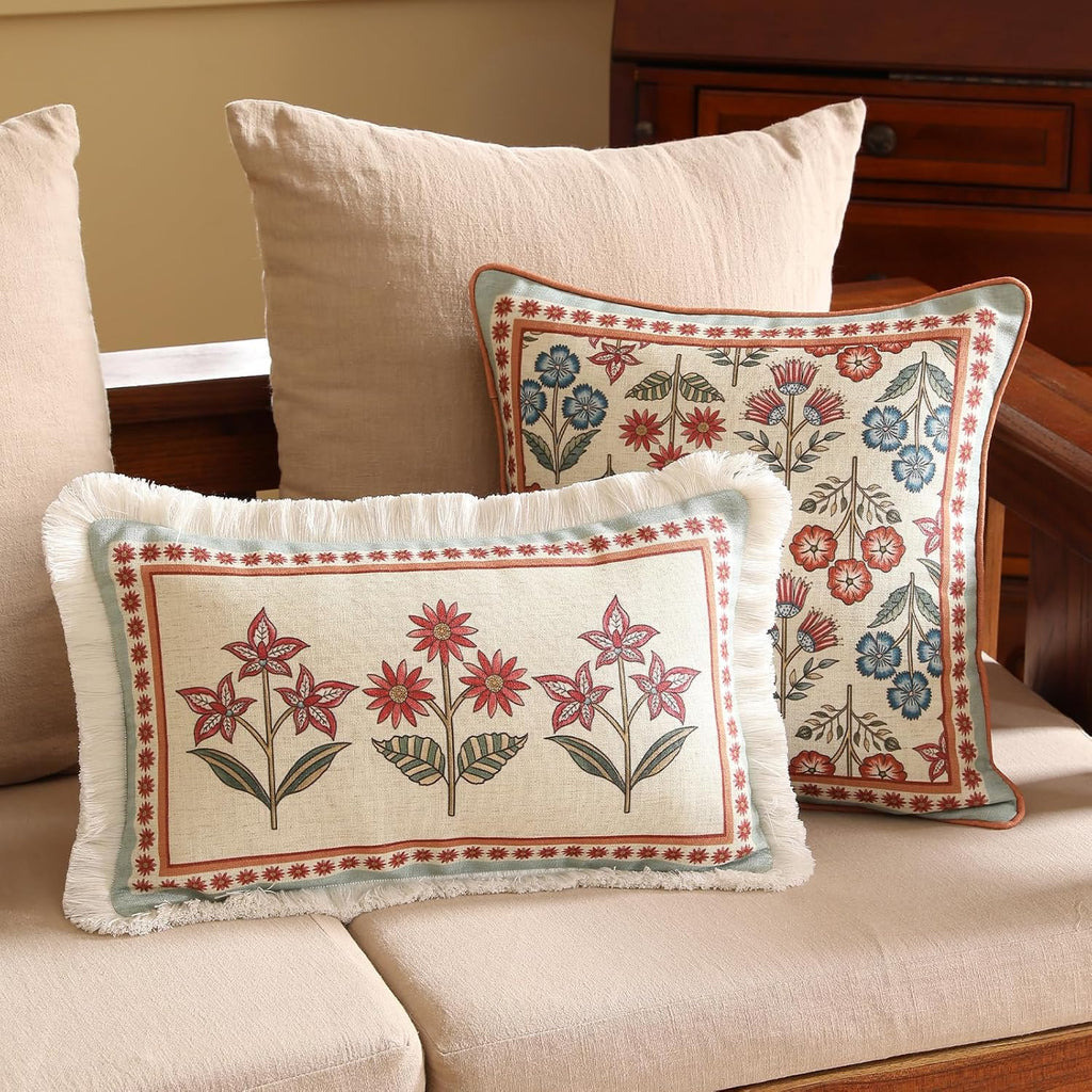 Blue Throw Pillow Covers,Cottage Rustic Farmhouse with Wild Flowers Pattern Linen Pillowcases,Decorative Lumbar Pillows Cushion Cover for Couch Sofa Bed Chair Car,12x20 Inches