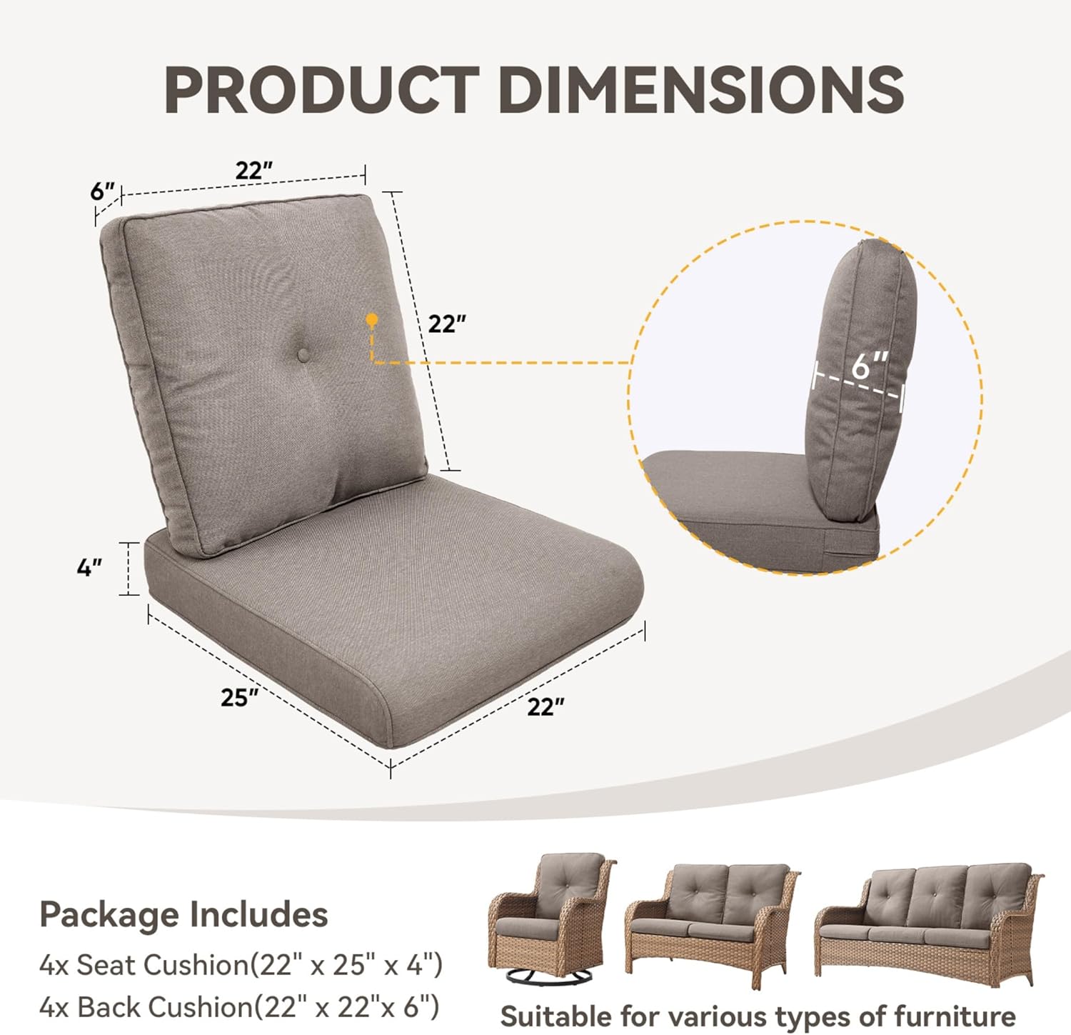 Patio Cushions for Outdoor Furniture - 22" x 25" x 4" UV Resistant Thick Foam Cushions Water Resistant Replacement Cushion for Outdoor Patio Furniture Chair/Sofa/Couch | Grey | 4-Pack |