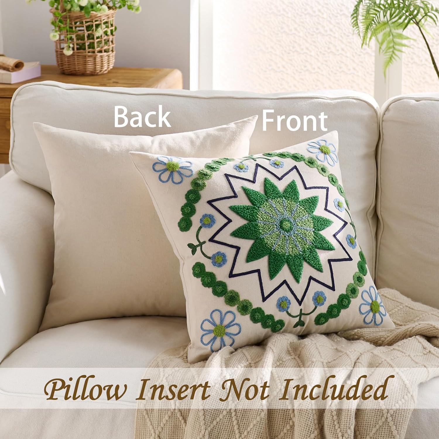 Embroidered Throw Pillow Cover 20x20 Classic Boho Floral Pattern Pillows Cover Outdoor Decorative Pillowcase,Durable Cozy Textured Cushion Case for Sofa Couch Bed Living Room,Green