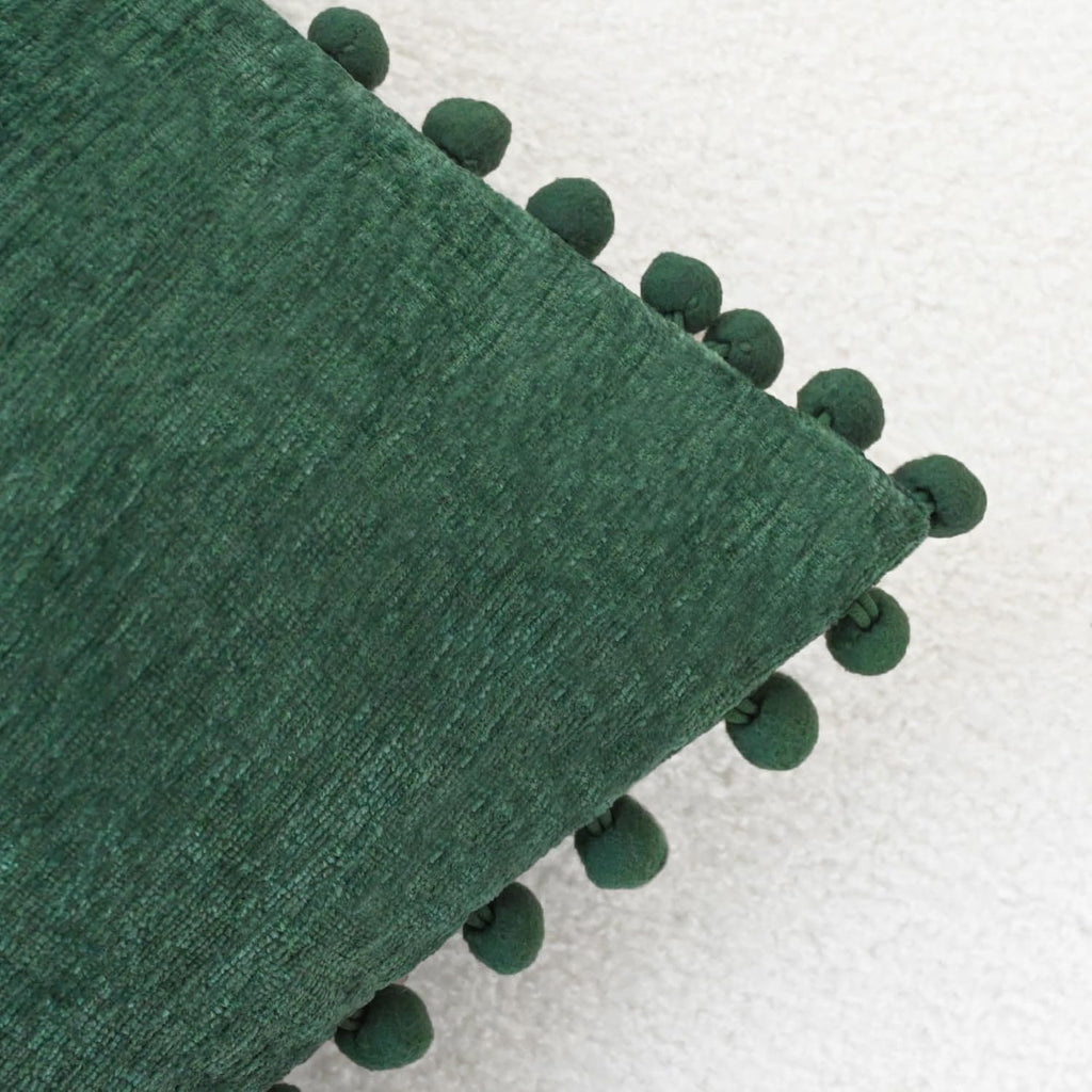 CaliTime Christmas Throw Pillow Covers Decorative 22 X 22 Inches Pack of 2 Cozy Solid Dyed Soft Chenille Cushion Cases with Pom Poms for Couch Sofa Bed Living Room Home Dark Green