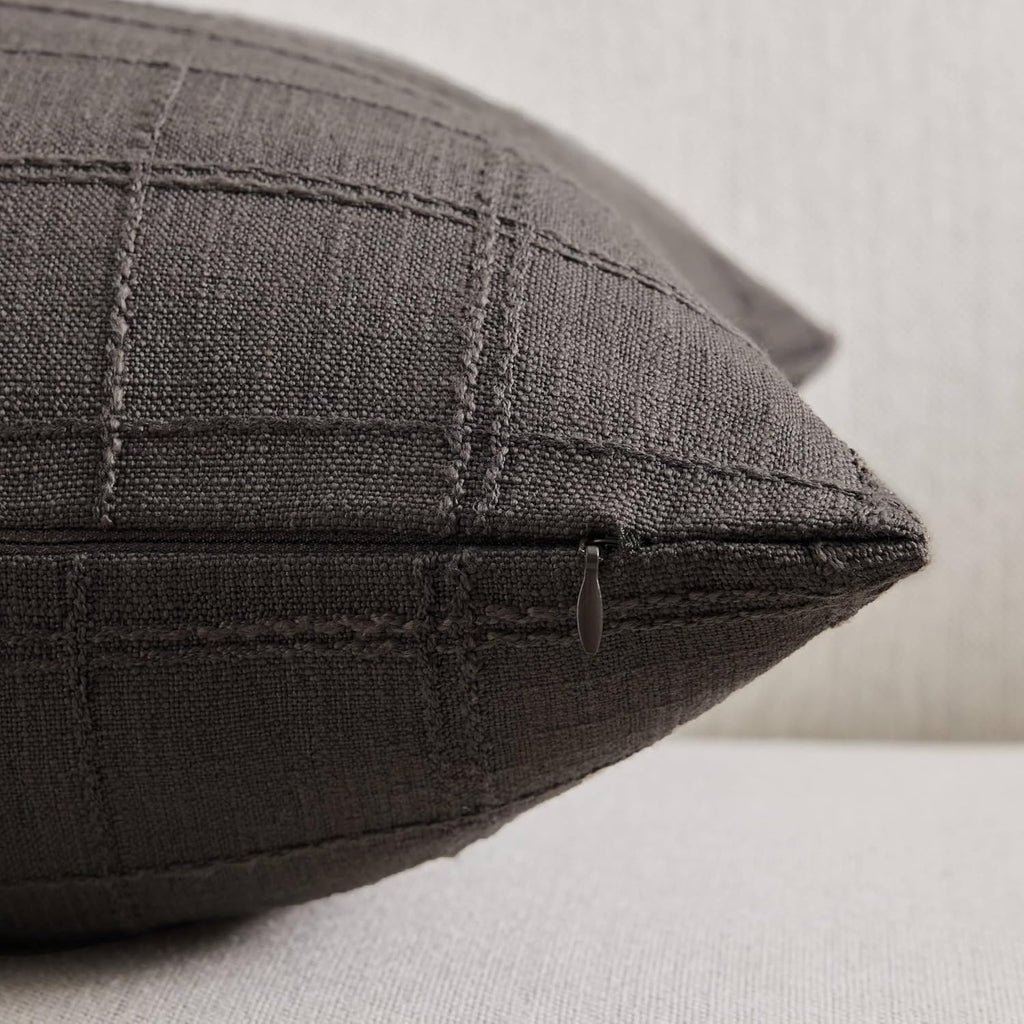ZeeMart Linen Checked Lumbar Throw Pillow Covers Set of 2, 12x20 Inch Allover Grid Charcoal, Farmhouse Decorative Double Sided Grid Embroidered Couch Pillow Cases Grey Cotton Linen Cushion Covers