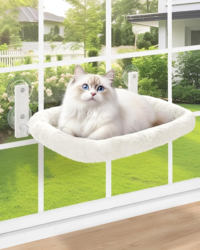 keny Cat Window Perch with Soft Plush Cushion Bed, Cordless Cat Window Hammock with 3.54" Larger Suction Cups, Easy to Assemble Cat Window Bed Seat for Indoor Cats, White