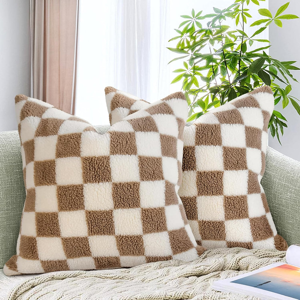 AmHoo Pack of 2 Decorative Throw Pillow Covers Checkerboard Luxury Super Soft Faux Fur Wool Set Case Cushion for Couch Sofa Bedroom 26 x 26-Inch Camel