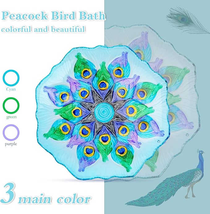 MUMTOP Hanging Bird Bath - Bird Baths for Outdoors, Peacock Glass BirdBath Outdoor Birdfeeders for Garden and Patio Decor