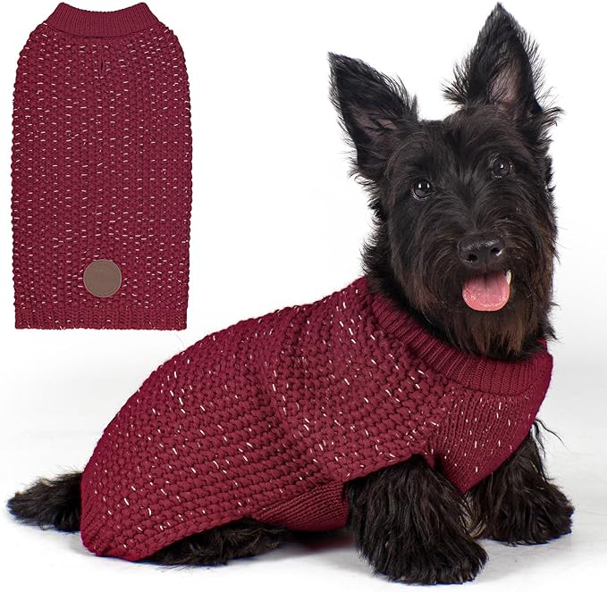KYEESE Dog Sweater with Leash Hole Warm Pullover with Reflective Yarn for Small and Medium Dogs Male Soft Knit Pullover Boy Dog Coats Cozy Lightweight Thick Sweater,Dark Red,Medium