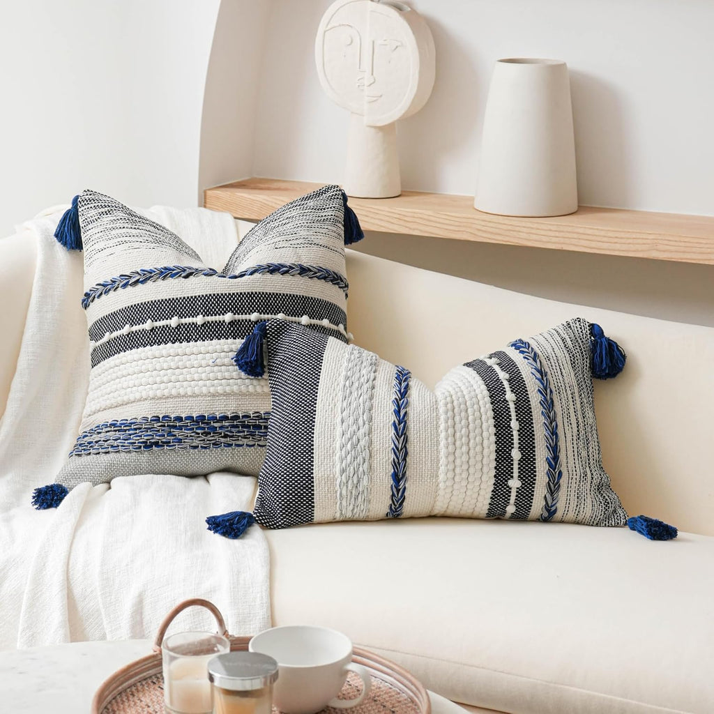 BlissBlush Decorative Lumbar Throw Pillow Cover 14x24 Boho Dark Blue Accent Cushion for Couch Sofa Farmhouse Pillowcase for Bedroom Living Room Home Décor Cover ONLY