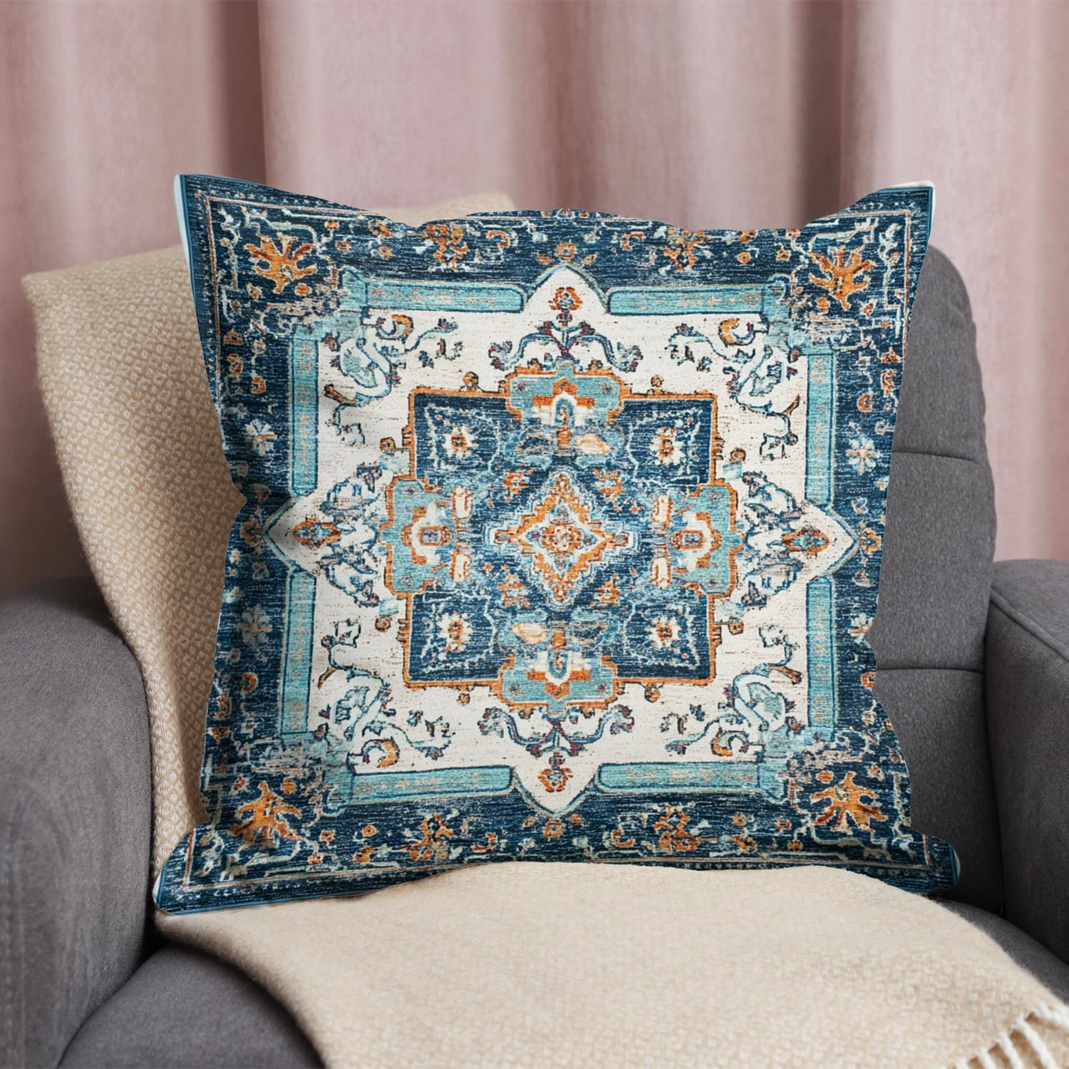 Vintage Boho Floral Print Throw Pillow Cover, Orange, Blue - Retro Rust Floral Decor Pillowcase, Indoor Outdoor Cushion Case for Sofa Couch Bed Living Room Bedroom Home (Blue&White, 18x18inch)