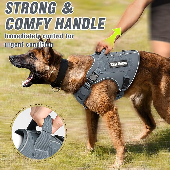 Tactical Dog Harness for Large Dogs,No Pull Military Dog Vest with Handle,Reflective Heavy Duty Pet Harness for Walking Hiking Training Gray L
