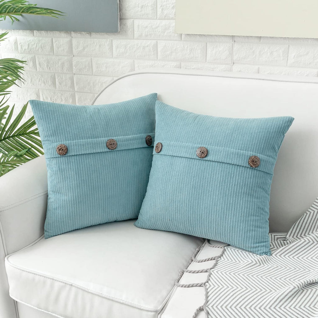 HWY 50 Light Blue Chenille Throw Pillow Covers 16x16 Inch with Triple Buttons, Soft Farmhouse Accent Decorative Cushion Cases for Couch Sofa Bed Living Room Pack of 2