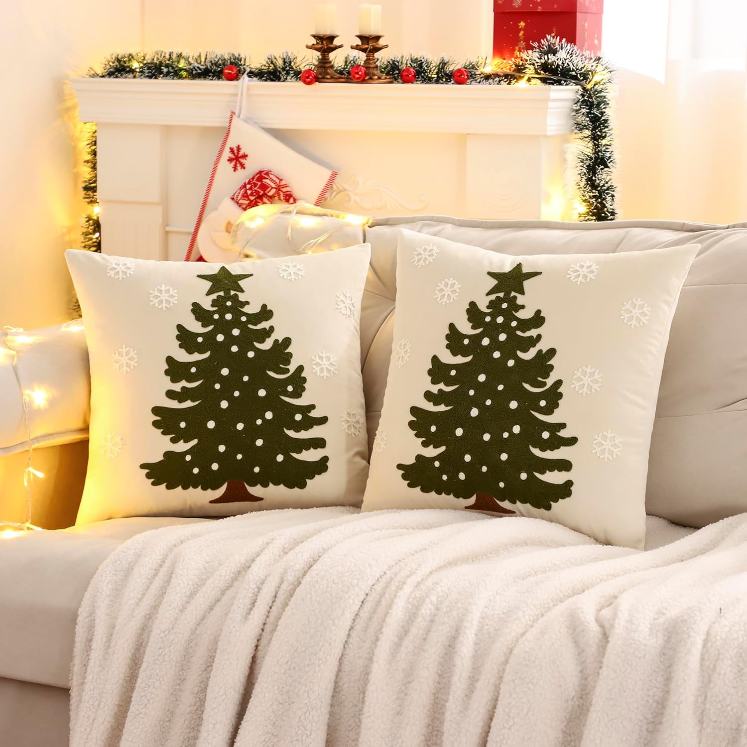 LUOYEHK Christmas Pillow Covers 18x18 Set of 2 Christmas Tree with Snowflakes Decorative Beige Pillow Cases Winter Holiday Velvet Embroidered Cushion Covers for Couch Sofa Bed