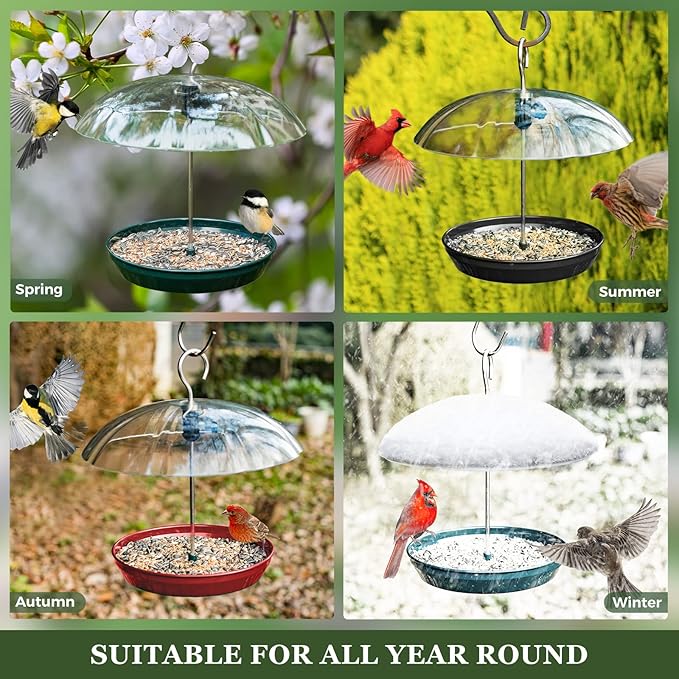 Kingsyard Adjustable Platform Bird Feeder for Outdoors Hanging, Metal Tray Bird Feeder with Dome Top, Attract Bluebirds Cardinals Goldfinches (Red)