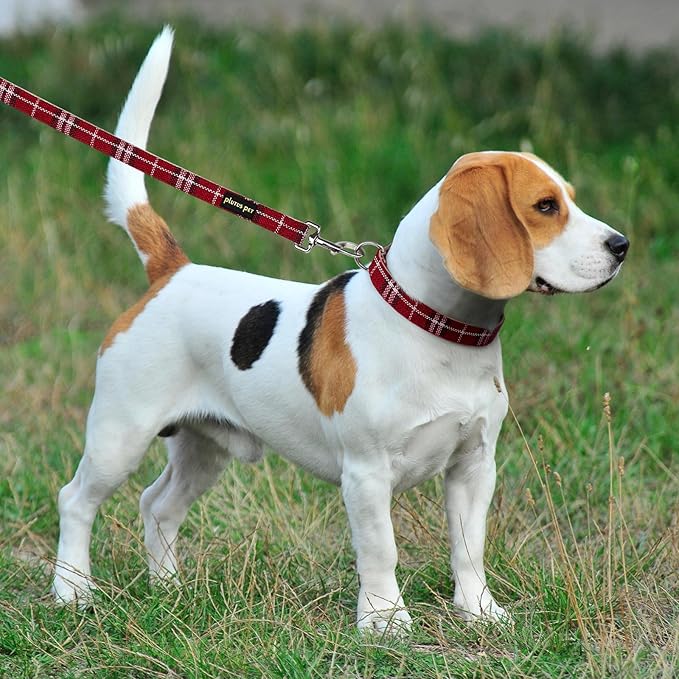 Plutus Pet Cotton Hemp Dog Collar and Leash Set, Adjustable Collar for Small, Medium, and Large Dogs, Heavy Duty and Soft on Skin, Red Plaid, M