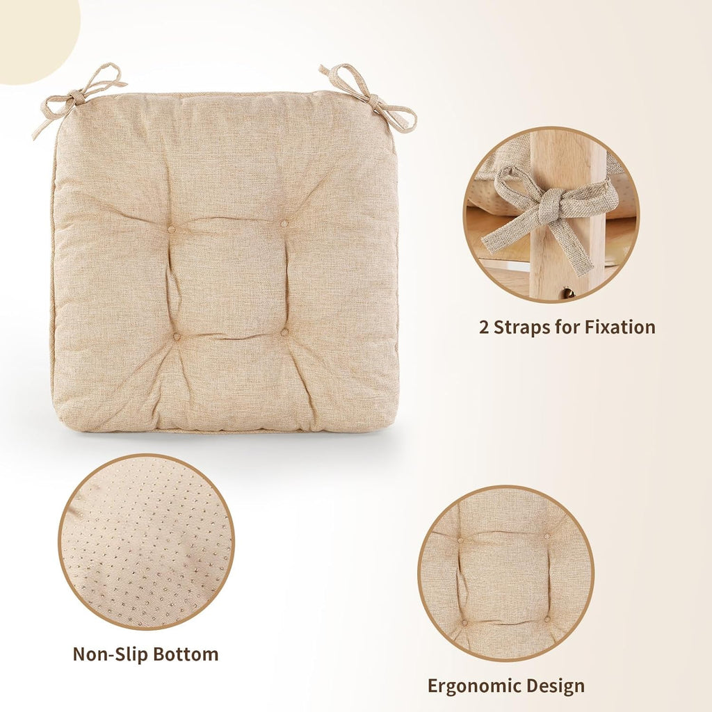Chair Cushions for Dining Chairs, Tufted Foam Kitchen Chair, Non-Slip Seat Cushions with Ties Set of 4, 15.5" x 15.5" x 4", Beige
