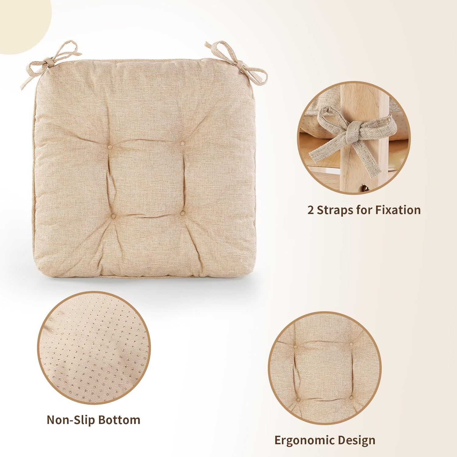 Chair Cushions for Dining Chairs, Tufted Foam Kitchen Chair, Non-Slip Seat Cushions with Ties Set of 4, 15.5" x 15.5" x 4", Beige