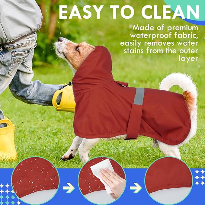 MIGOHI Dog Raincoat, Adjustable Large Dog Raincoat | Easy-On Hook & Loop Belly Straps, Adjustable Hind Leg Straps Dogs Rain Jacket, Machine Washable, Red, L
