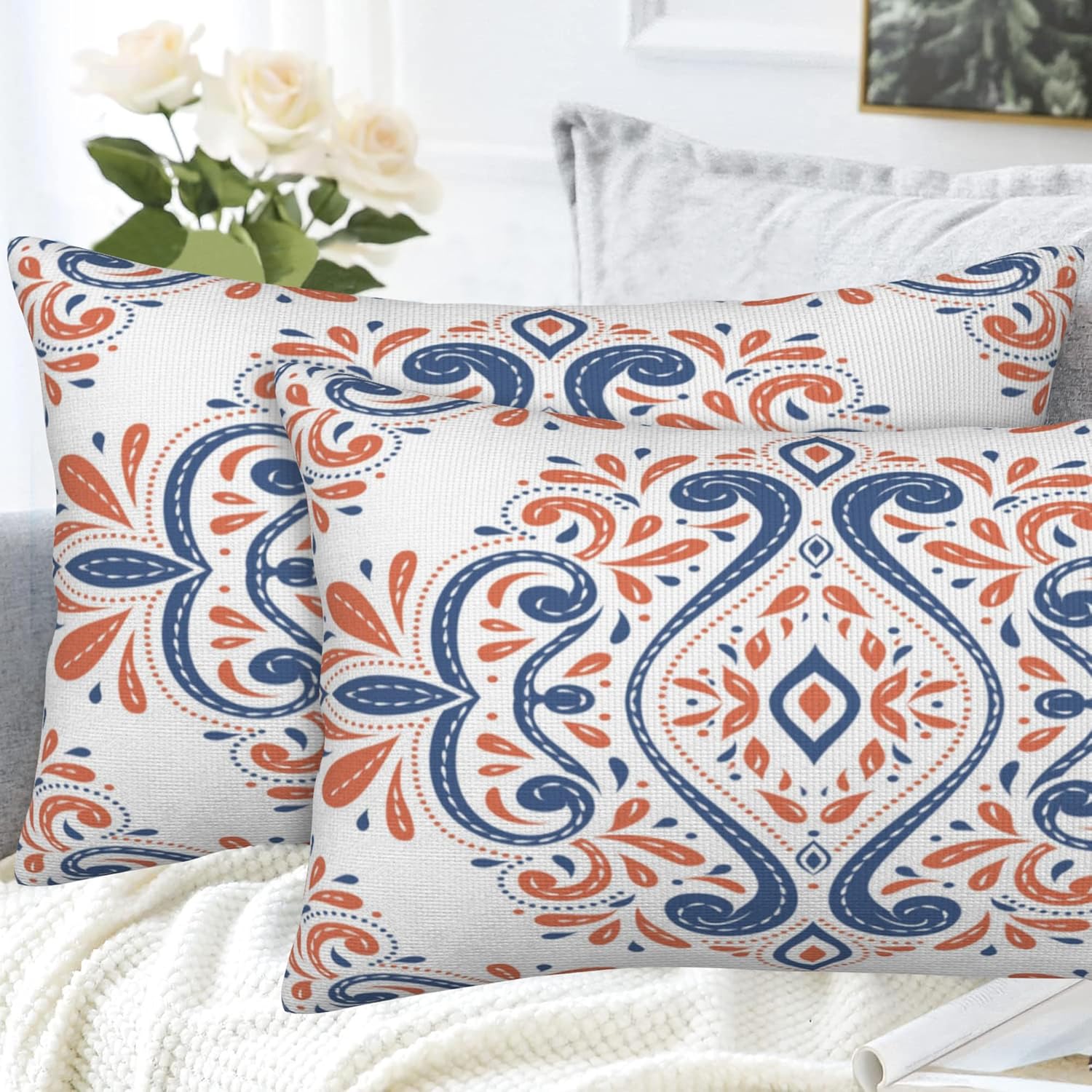 Throw Pillow Covers Blue and Orange Floral Pillow Covers 20x12 Inch Set of 2 Vintage Paisley Throw Pillows Decorative Pillow Cases Cushion Covers for Bedroom Livingroom Sofa Farm House