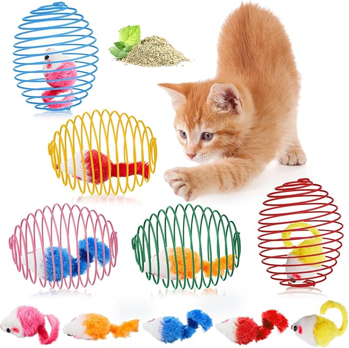 Jecery 5 Pcs Cat Spring Balls Stretchable Springs Toys Rolling Balls Colorful Playful Coils Interactive Spring Action Toy Caged Rats for Kitten Cat Pet Supplies Indoor (Catnip Rats,Bright Color)