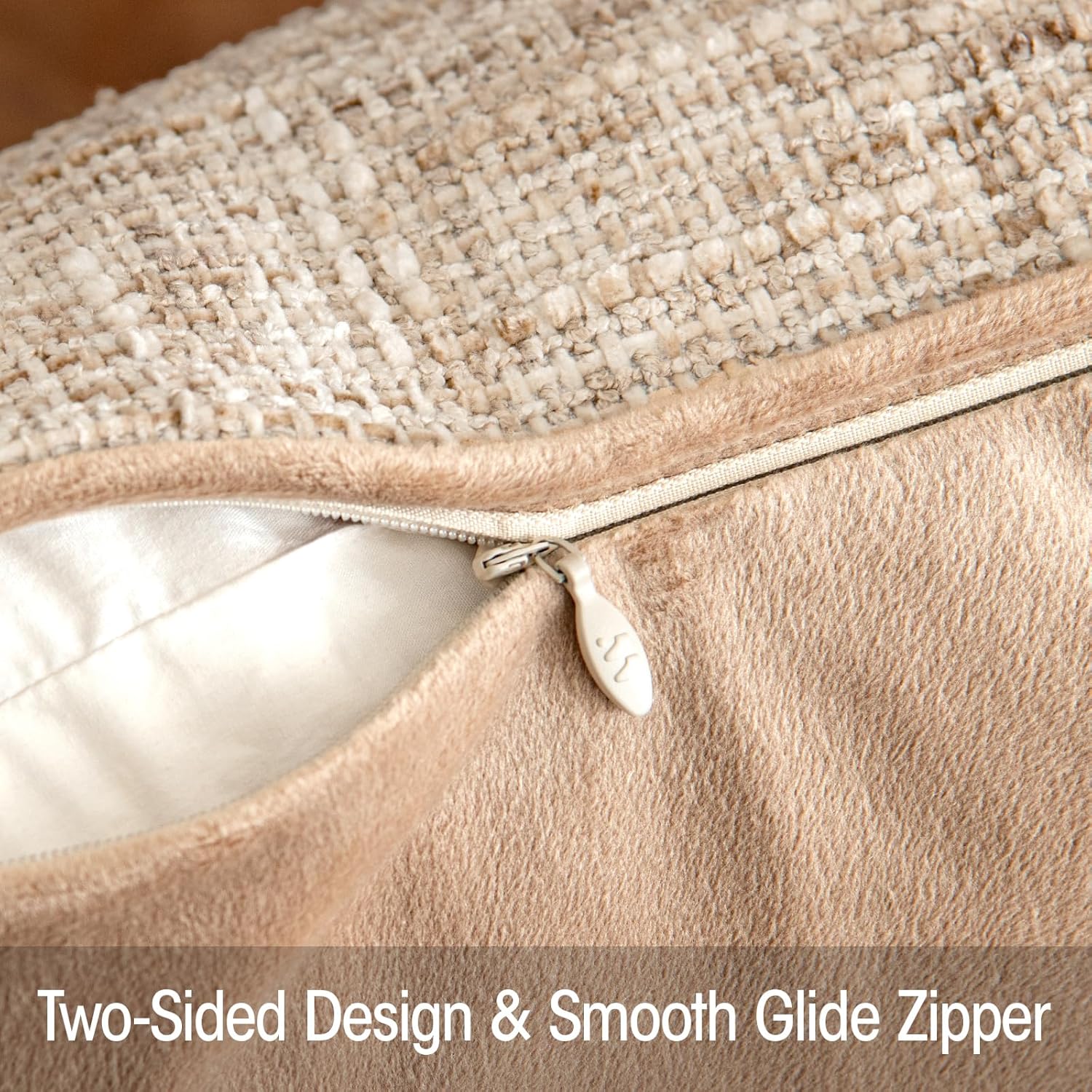 a moment Khaki Reversible Pillow Covers 2 Pack - Farmhouse Chenille Throw Pillows, Neutral Textured Decorative Throw Pillow Covers with Border for Couch Sofa Bed (12x20 Inch, No Insert)