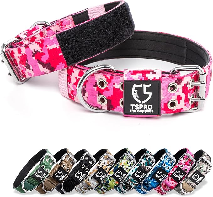 TSPRO Tactical Dog Collar, Adjustable, with Patch & Double Needle Metal Buckle, Heavy Duty for Large to Extra Large Dogs, Durable for Walking, Running, Hiking & Training (Camo Pink L-XL)