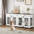 71'' Dog Crate Furniture, Wooden Indoor Dog Kennel for 2 Dogs with 3 Drawers and Removable Room Divider, XXL Double Dog Crate TV Stand End Table with Double Doors for Large Medium Dogs, White