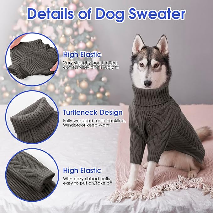 ASENKU Dog Sweater, Dog Sweaters for Medium Dogs, Warm Pullover Doggie KnitTurtleneck Warm Clothes for French Bulldog, Boston Terrier（Dark Grey, L）