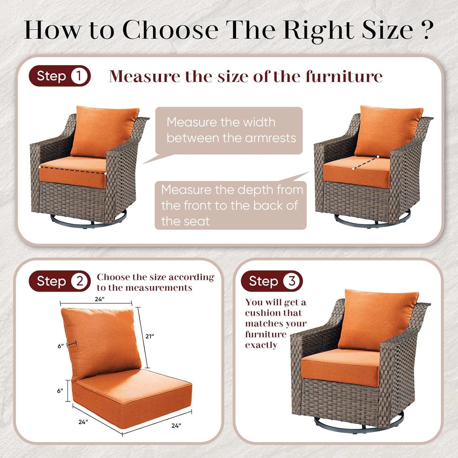 Outdoor Seat Cushion Set-24 x 24 x 6 Inch Outdoor Chair Cushions Set of 2 with Water Resistant & Removable Cover Outdoor Cushions for Patio Furniture Chair Sofa Couch-Orange