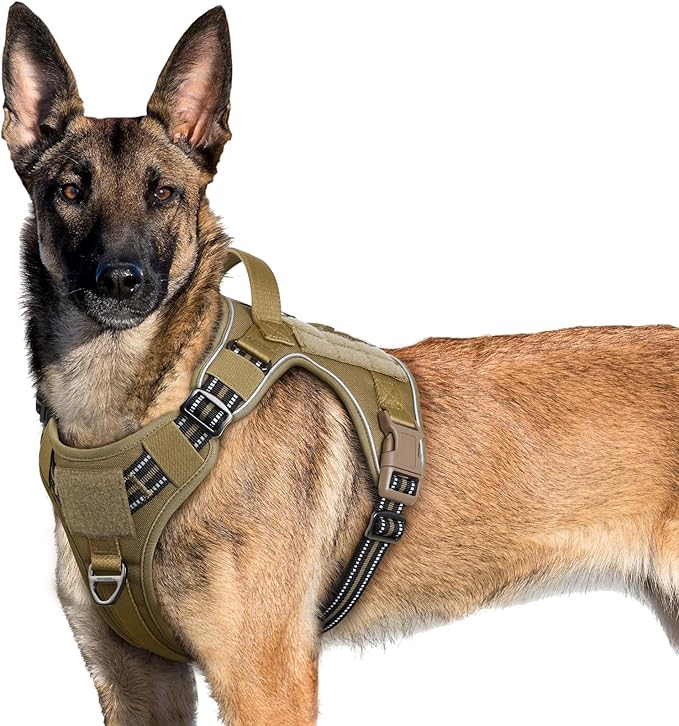 rabbitgoo Tactical Dog Harness for Large Dogs, No Pull Military Service Vest with Handle & Molle, Easy Control for Training Walking, Adjustable Reflective Straps, Brown, XL