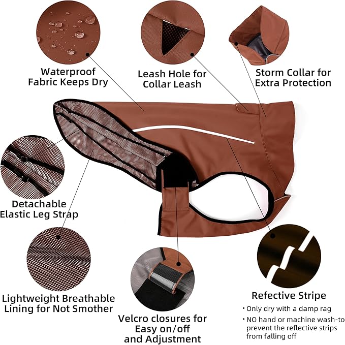 Mile High Life Dog Raincoat, Adjustable Waterproof Reflective Rain Jacket for Small Medium Large Dogs, Lightweight Breathable Pet Rain Coat with Leash Hole(Brown,S Chest 22-25")