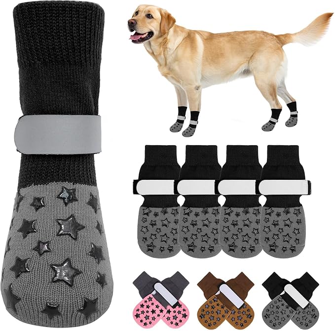 BEAUTYZOO Anti Slip Dog Socks to Prevent Licking Paws, Dog Shoes for Cold Pavement, Grip Socks for Dogs on Hardwood Floors, Dog Booties Alternative, Reflective&Washable Paw Protection for Senior Dogs