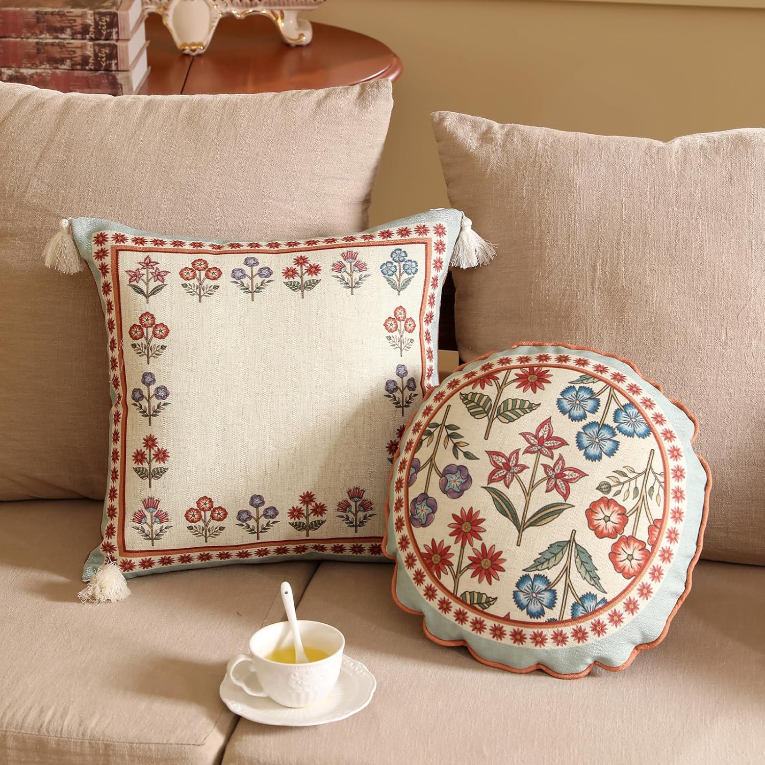 Blue Throw Pillow Covers Set of 2,Cottage Rustic Farmhouse with Wild Flowers Pattern Linen Pillowcases,Decorative Square Pillows Cushion Cover for Couch Sofa Bed Chair Car,18x18 Inches