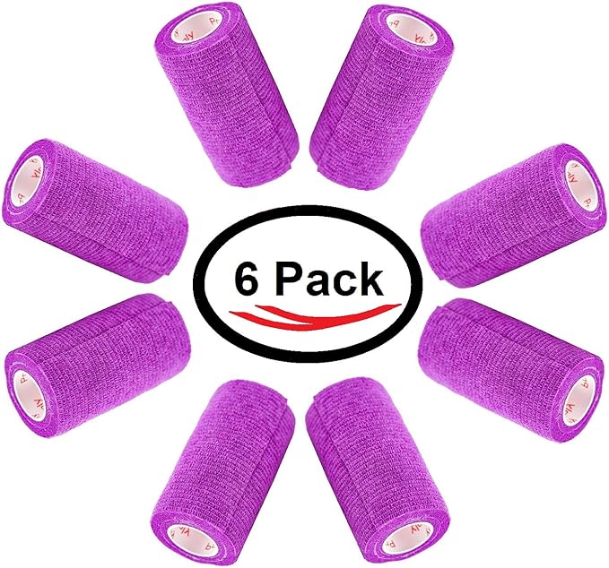 4 Inch Vet Wrap Tape Bulk (Purple) (Pack of 6) Self Adhesive Adherent Adhering Flex Bandage Grip Roll for Dog Cat Pet Horse