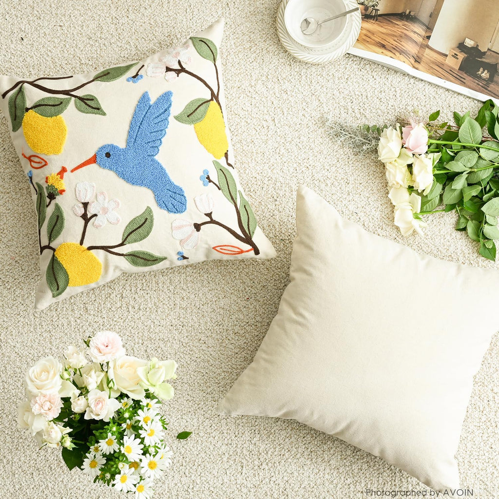 AVOIN colorlife Holiday Floral Embroidered Decorative Throw Pillow Cover, 18 x 18 Inch Bird Lemon Flowers Tufted Patterned Linen Cushion Case for Bedroom Living Room Sofa Couch
