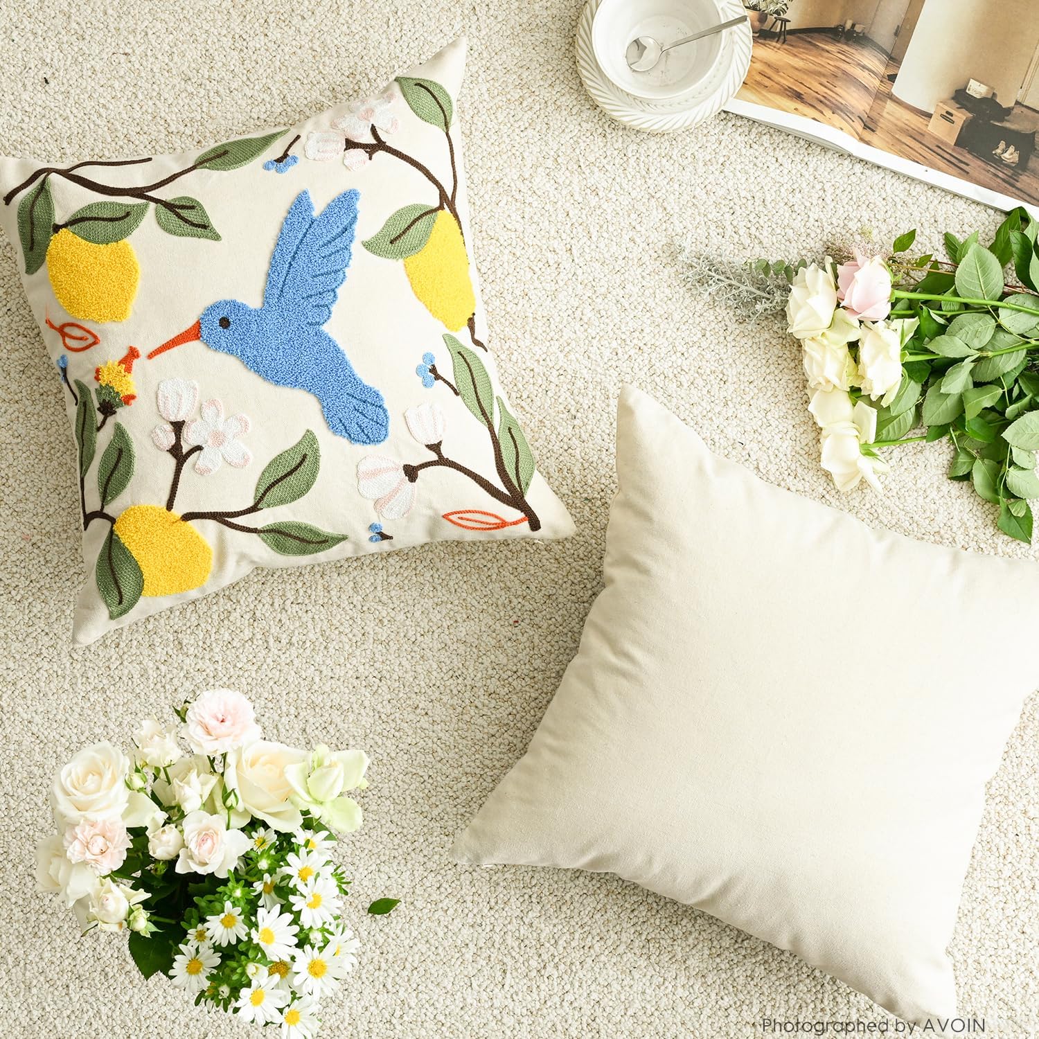 AVOIN colorlife Holiday Floral Embroidered Decorative Throw Pillow Cover, 18 x 18 Inch Bird Lemon Flowers Tufted Patterned Linen Cushion Case for Bedroom Living Room Sofa Couch