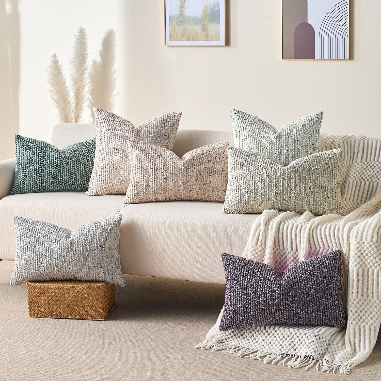 Decorative Couch Throw Pillow Covers 22x22 Blue Striped Soft Wool Pillow Covers Neutral Textured Boho Cushion Covers for Modern Farmhouse Sofa Bedroom Living Room Decor SY011-C22