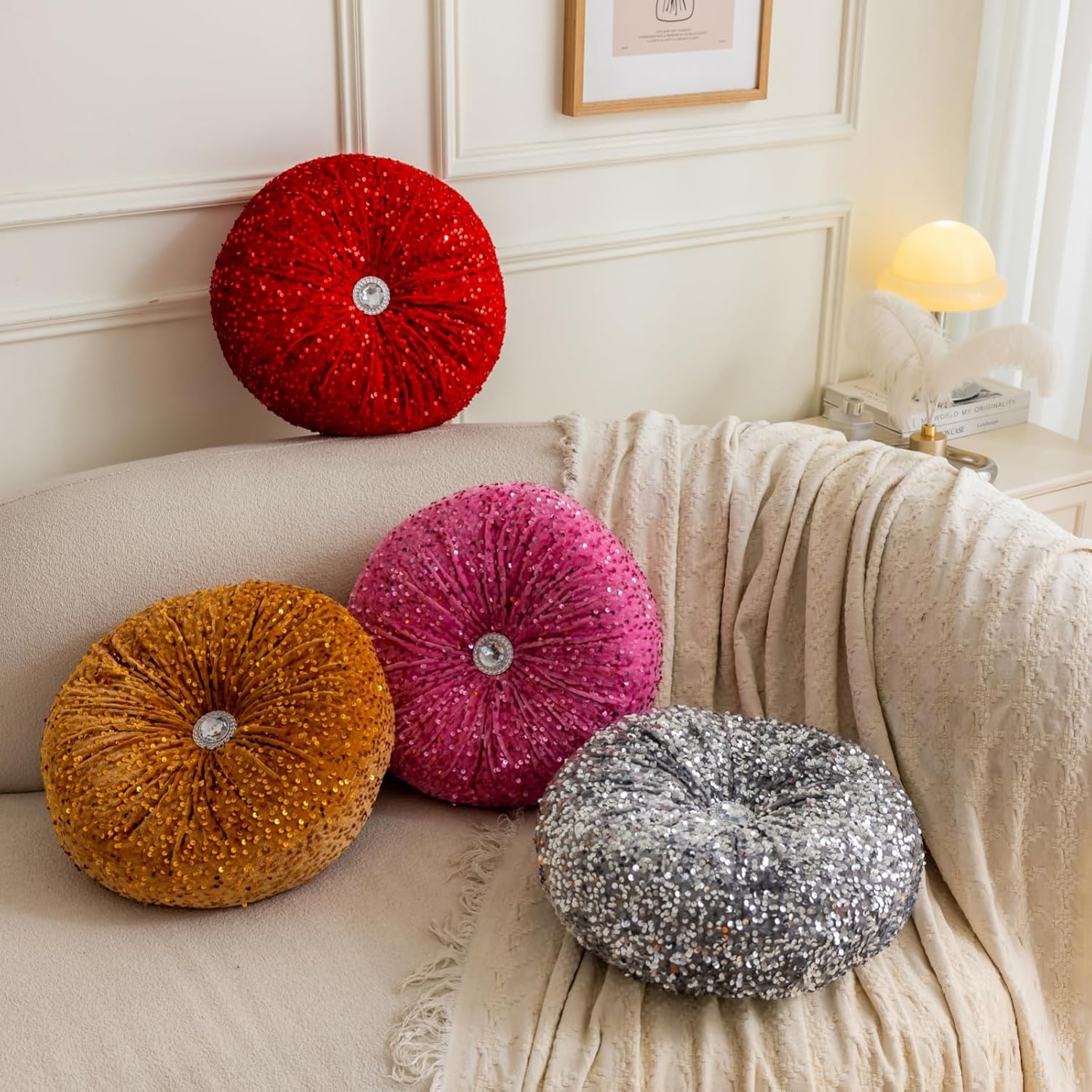 Round Throw Pillow, 13.7" Soft Glitter Sequin Pleated Pumpkin Decorative Round Pillow Circle Floor Pillow Cushions for Sofa Bed Chair Living Room Floor Home Decoration, Yellow