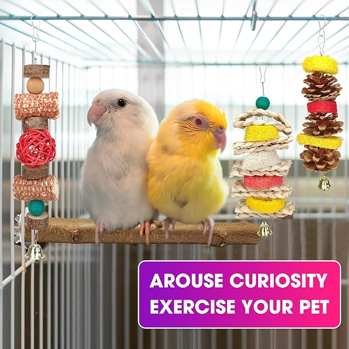 Natural Wood Bird Chew Toys, 7 Pack Hanging Parrot Cage Perch Stand for Parakeet, Cockatiel, Lovebird, Budgie