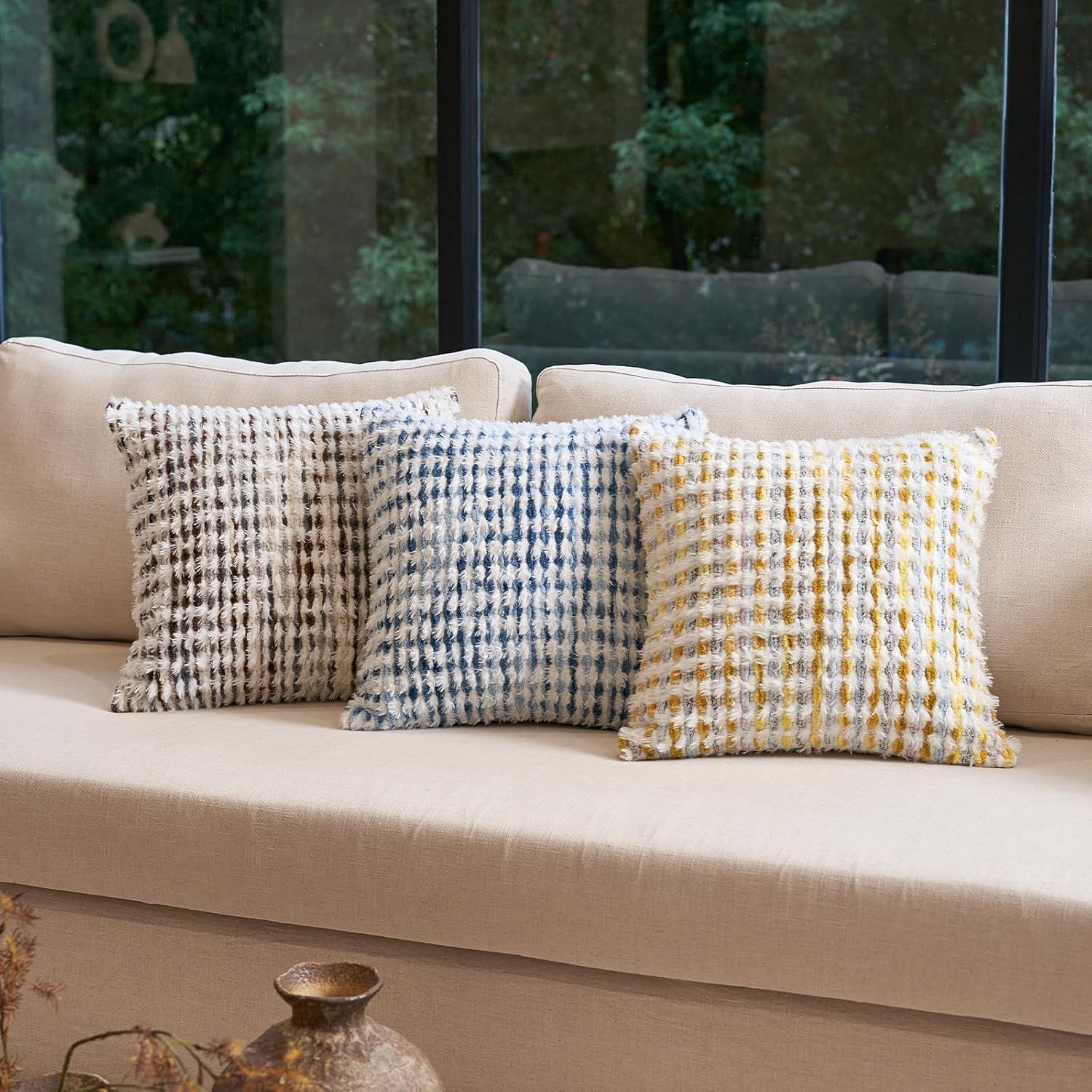 Aeckself Boho Chenille Tufted Pillow Cover 18x18 Inch, Decorative Square Throw Pillow Cover Neutral Pillowcase for Couch Bedroom Living Room, Blue White