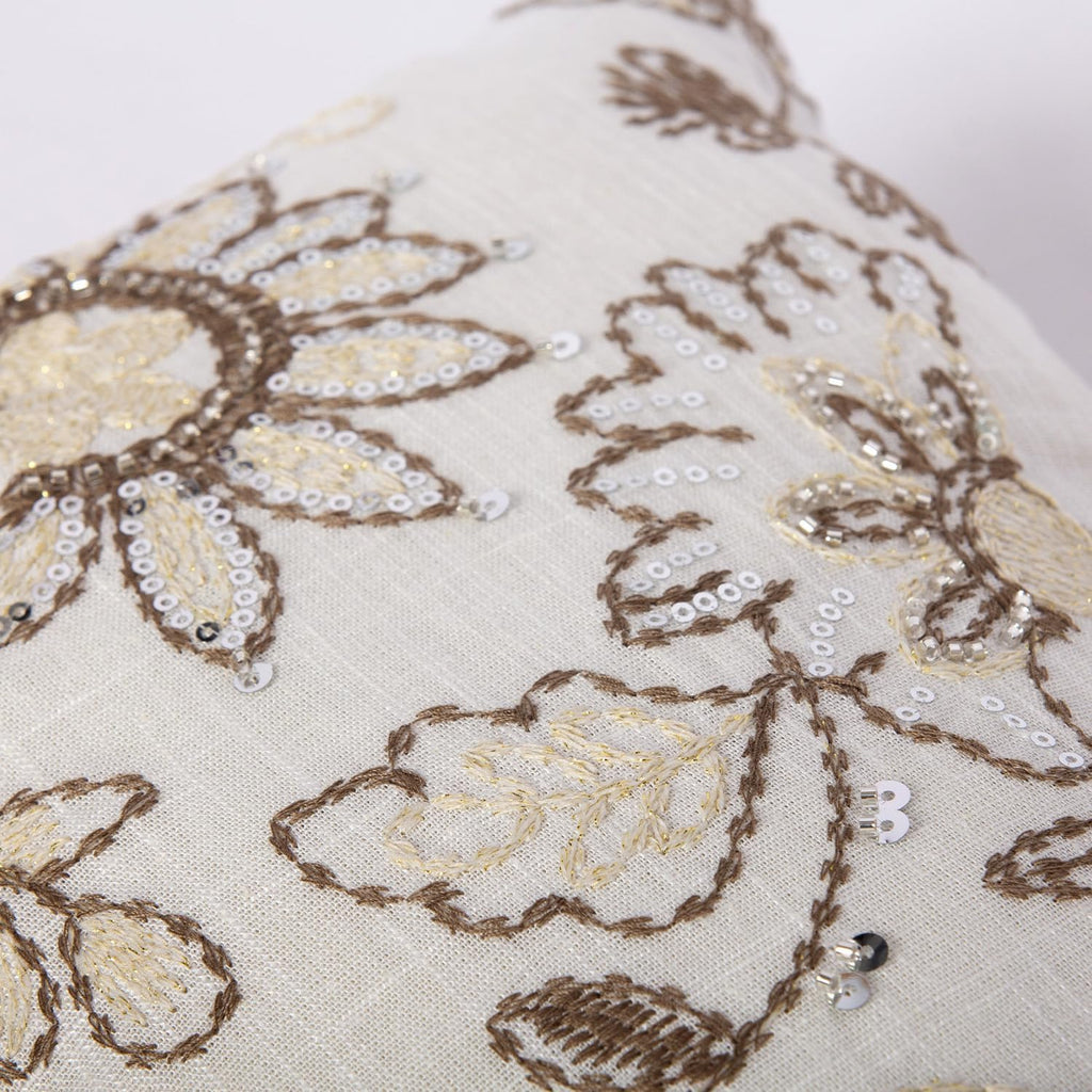 Floral Embroidered Lumbar Throw Pillow Cover 12x 20, Sequin Chinoiserie Flower Neutral Linen Pillow Cushion Cases, Farmhouse Decorative Pillows for Bed, Outdoor Couch White