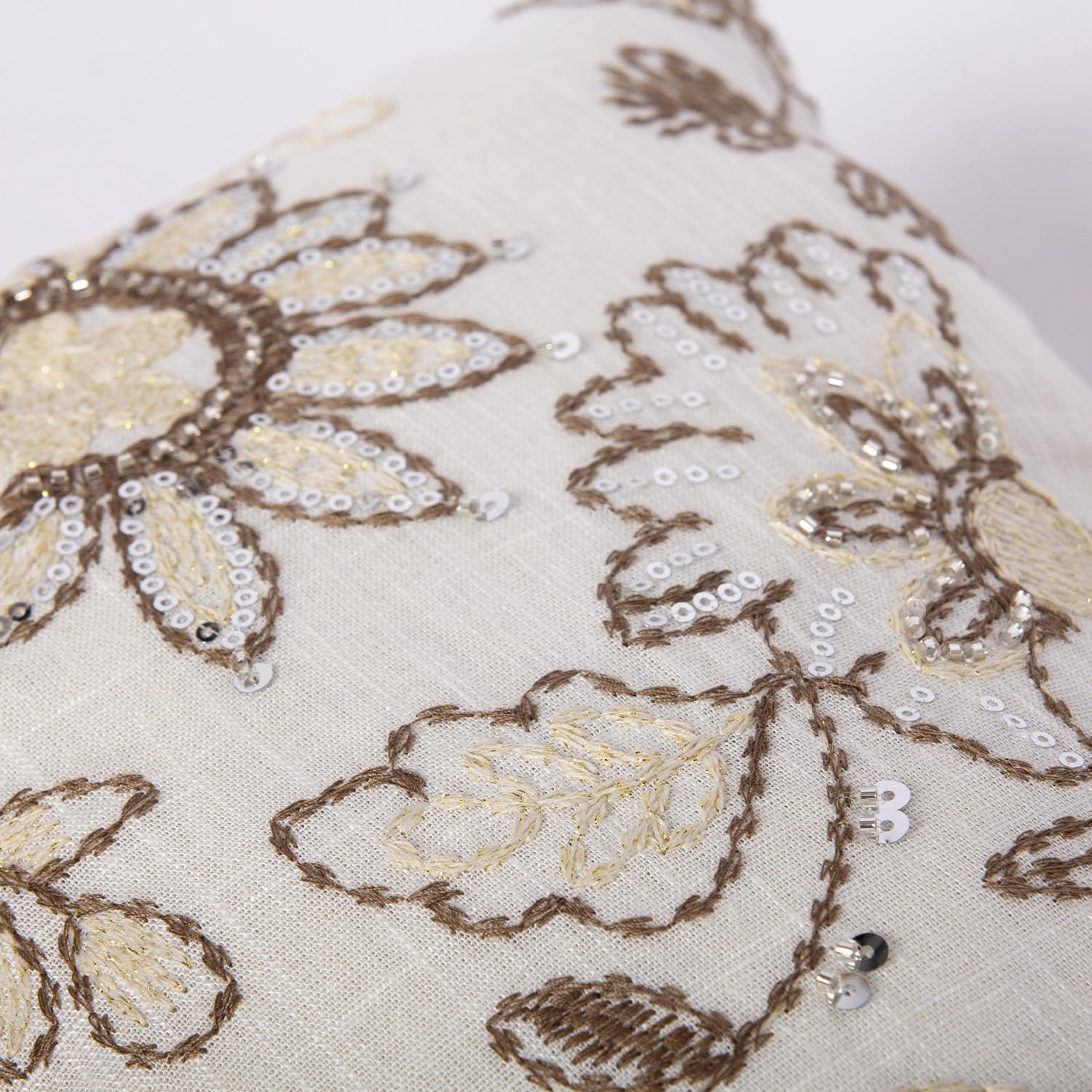 Floral Embroidered Lumbar Throw Pillow Cover 12x 20, Sequin Chinoiserie Flower Neutral Linen Pillow Cushion Cases, Farmhouse Decorative Pillows for Bed, Outdoor Couch White