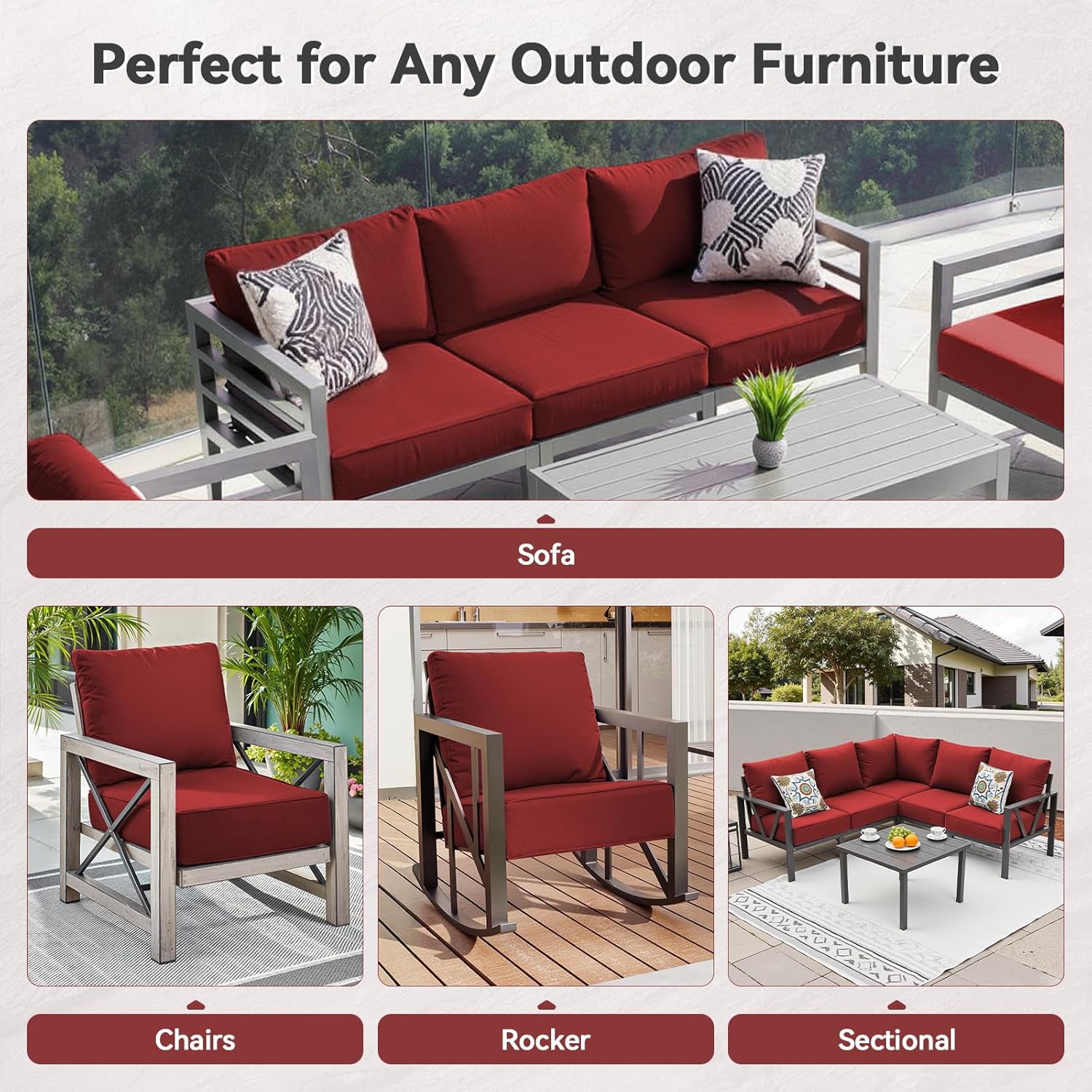 6" Thick Outdoor Cushions 22x24x6, 3-Set Deep Seat Patio Cushions with Removable Cover, Waterproof & Fade Resistant Replacement for Wicker Chair, Loveseat, Sofa - Red