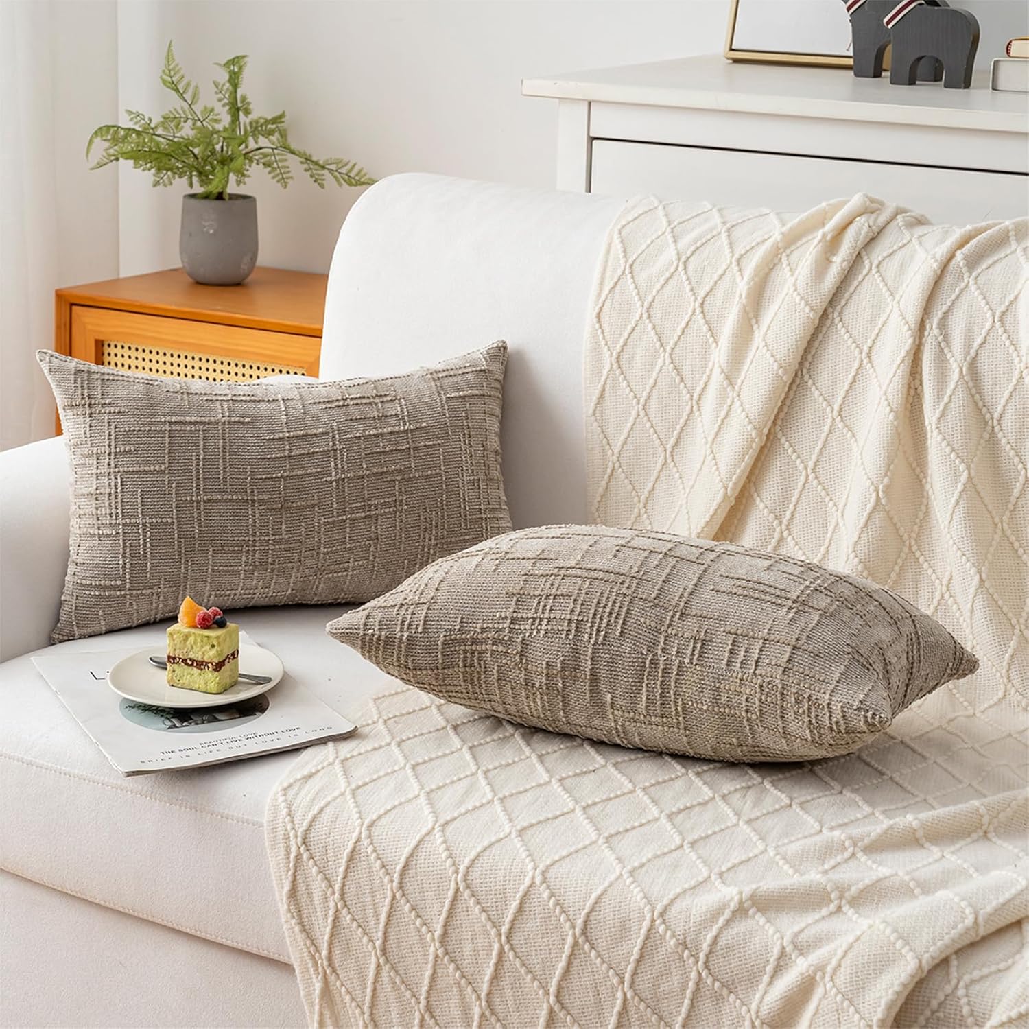 Decorative Throw Pillow Covers 12x20 Inch Set of 2, Soft Solid Farmhouse Chenille Couch Pillows, Spring Pillow Covers for Couch Sofa Bed Living Room Home Decor Pillowcase, Light Khaki