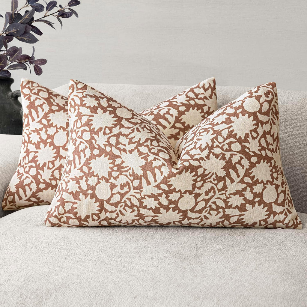 Foindtower Set of 2 Decorative Neutral Floral Throw Pillow Covers Accent Farmhouse Cushion Covers Boho Pillowcase for Couch Sofa Bedroom Living Room Home Decor,12×20 Inch,Light Orange Brown
