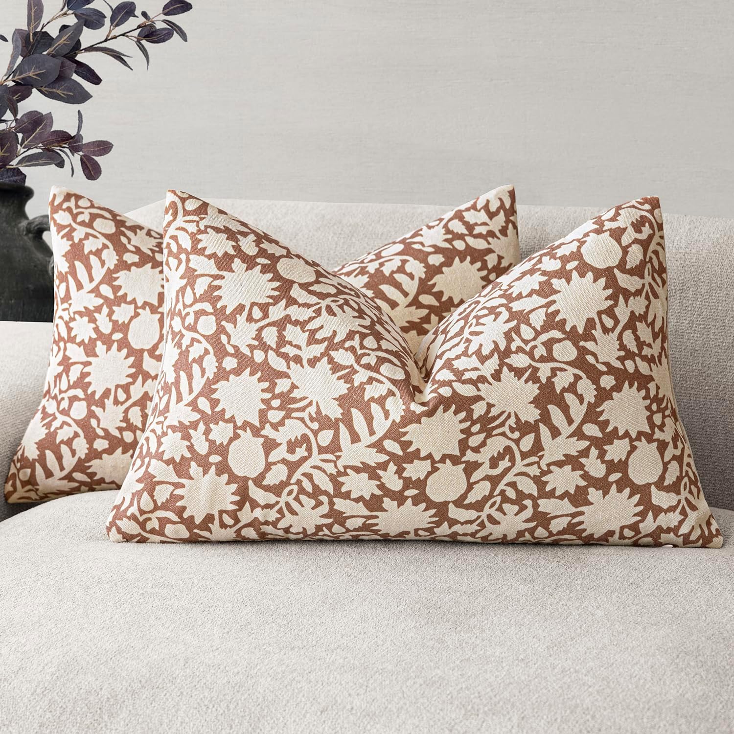 Foindtower Set of 2 Decorative Neutral Floral Throw Pillow Covers Accent Farmhouse Cushion Covers Boho Pillowcase for Couch Sofa Bedroom Living Room Home Decor,12×20 Inch,Light Orange Brown