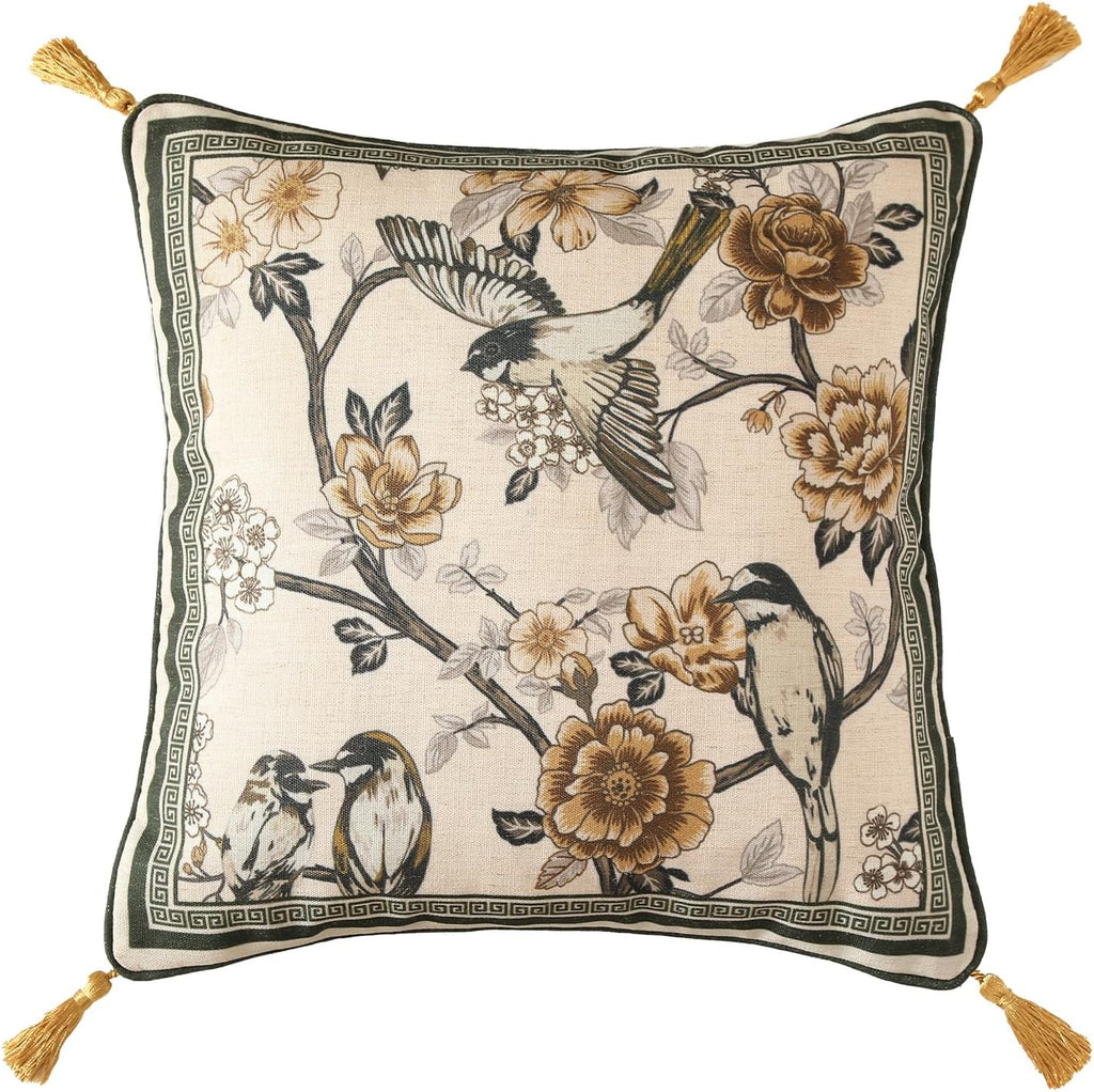 ISAENNE Design Linen Chinoiserie Square Throw Pillow Covers 18"x18", Farmhouse Cushion Covers with Yellow Floral Birds Pattern Decoration Pillowcases for Bed,Living Room,Outdoor,Car